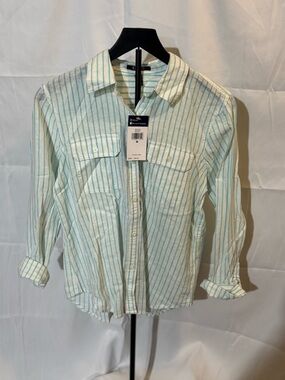 Chaps Women's Button-Down Shirt in White and Teal Stripes